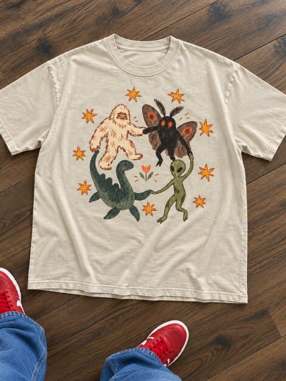 Gildan Bigfoot Mothman Alien Loch Ness Cream Graphic T-Shirt